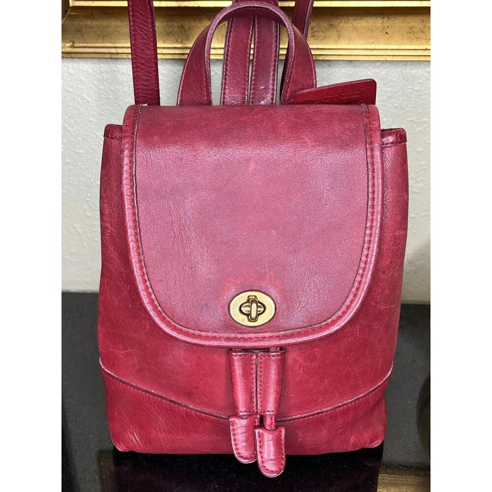 Coach Red Leather Mini Backpack #9960 Kiss Lock Closure with Drawstring - Picture 11 of 11